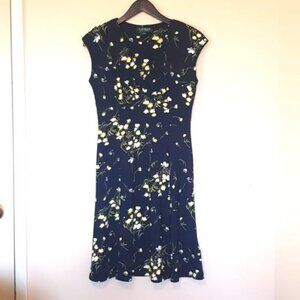 Ralph Lauren dark blue yellow floral feminine flirty v neck jersey dress sz 6